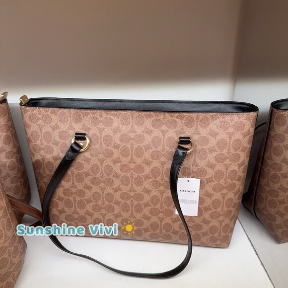 NWT bundle COACH Station Tote Bag Maxi CCD69 & CW854 Zip Wristlet Gold/Tan/Black - Picture 5 of 10